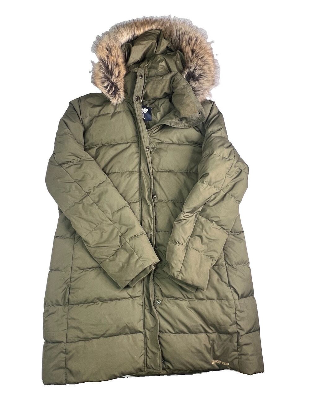 Lands End Down Maxi Winter Coat Green Faux Fur Trim Detachable Hood Size Large